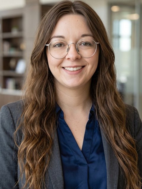Elise Hartwell, principal of Rackway Consulting, in a grey blazer and round glasses